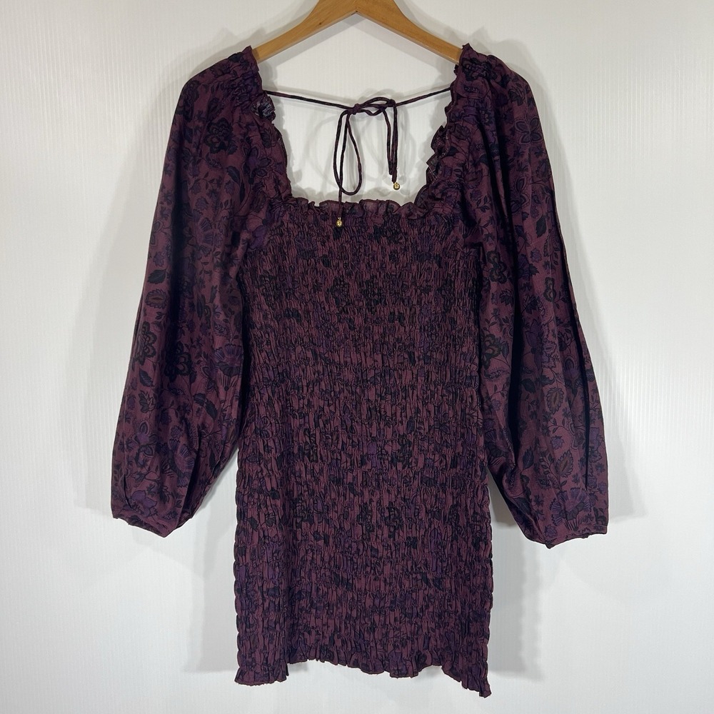 Free People Smock It To Me Mini Dress XS Burgundy Floral Puff Sleeve Cotton NEW - Picture 4 of 13